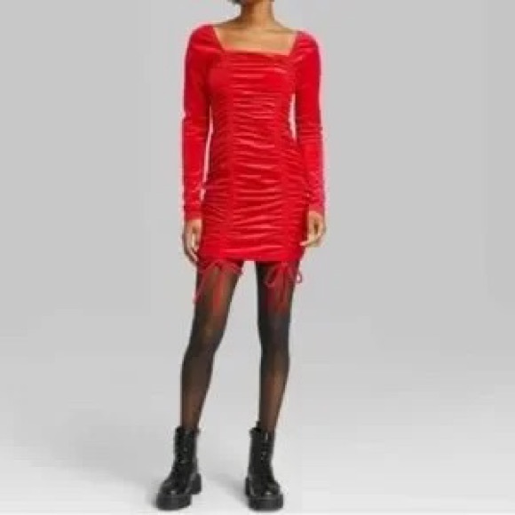 Red Velvet Ruched Bodycon Mini Dress Wild Fable Square Neckline Adjustable Ties - Picture 6 of 11
